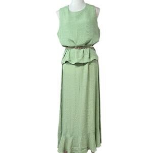 Dressbarn Women’s Polka Rayon Vintage ruffle hem Maxi Dress sz 14 green